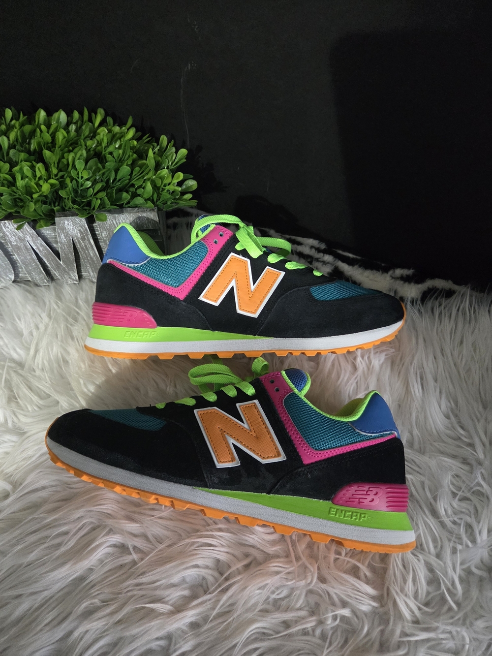 New Balance 574 Black Energy Neon Multicolor Retro Women Sneakers. Size 9.5D
